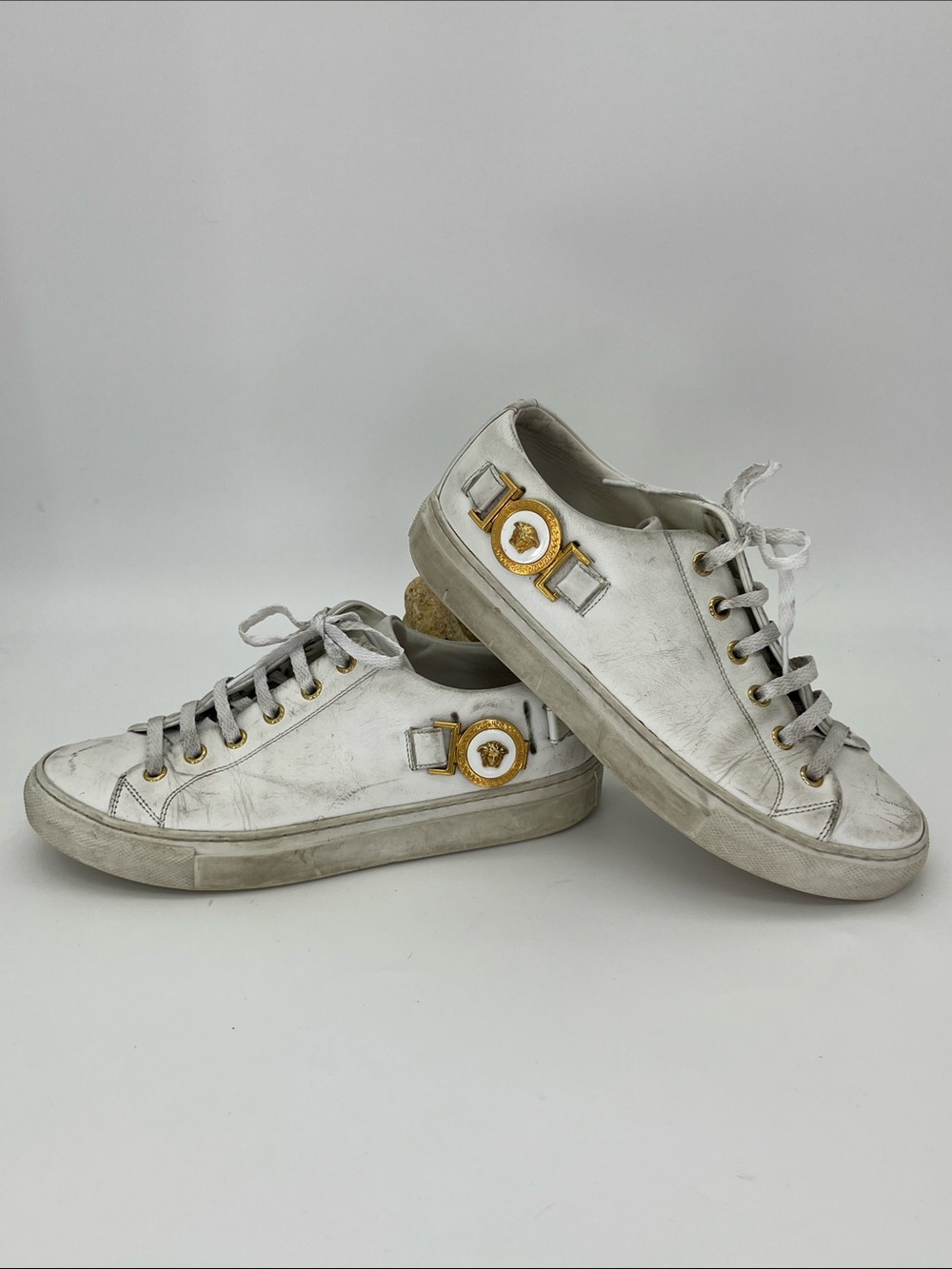 Versace White Leather Low-Top Sneakers with Gold Medallion